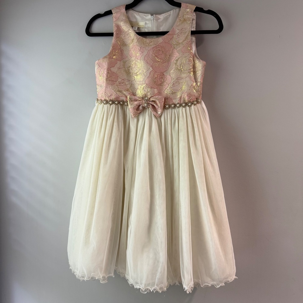 American Princess Dress Girls 12 Pink Gold Excellent‎ Floral Brocade Tulle Party